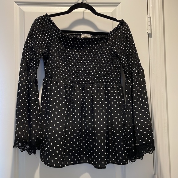 ModCloth size Large black and white polka dot shirt with smocking & bell sleeves - Picture 4 of 6